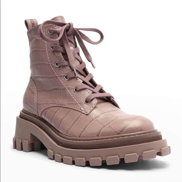SCHUTZ Orly Croc-Print Lug-Sole Combat Boots Size 6B Sweet Lilac - Picture 10 of 10